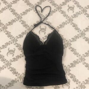 V-Neck Black Lace String-Halter top w/ Ruched sides